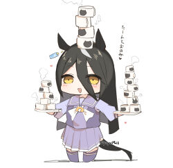  1girl absurdres animal_ears balancing balancing_on_head black_hair blush bow bowtie chibi coffee_mug cup ear_tag earrings hair_between_eyes heart highres holding holding_cup holding_tray horse_ears horse_girl horse_tail jewelry long_bangs long_hair long_hair_between_eyes long_sleeves looking_at_viewer manhattan_cafe_(umamusume) mug multicolored_hair open_mouth pleated_skirt purple_sailor_collar purple_serafuku purple_shirt purple_skirt purple_thighhighs sailor_collar sailor_shirt school_uniform serafuku shirt single_earring skirt smile solo steaming_cup tail thigh-highs too_many tracen_school_uniform tray umamusume very_long_hair white_bow white_bowtie white_hair ya.yu. yellow_eyes 