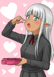  1girl :o absurdres black_dress blue_eyes blunt_bangs blush box box_of_chocolates dark-skinned_female dark_elf dark_skin dress eating elf grey_hair heart heart-shaped_box heart_background highres karla_(kono_healer_mendokusai) kono_healer_mendokusai long_hair long_sidelocks long_sleeves looking_at_viewer official_art open_mouth pink_background pointy_ears red_ribbon ribbon sidelocks solo tannen_ni_hakkou valentine 