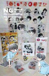 1boy 1girl :d animal artist_name black_pants black_shoes blue_dress braid chibi chinese_clothes con_sonne copyright_name dress grey_hair highres kneeling official_art_inset p-chan pale_skin pants photo_background pig pointing ranma_1/2 saotome_ranma school_uniform shoes short_hair single_braid smile tendou_akane v-shaped_eyebrows watermark 