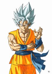  1boy blue_eyes blue_hair blue_sash blue_wrist_cuffs closed_mouth cowboy_shot dougi dragon_ball dragon_ball_super dragon_ball_z dragon_ball_z_fukkatsu_no_f highres kakeru_(dbskakeru) male_focus muscular muscular_male orange_pants orange_tunic pants sash simple_background smile solo son_goku super_saiyan super_saiyan_blue tunic white_background wrist_cuffs 