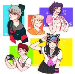  5girls :t alternate_hair_length alternate_hairstyle apron armband black_hair black_nails black_sailor_collar black_shirt black_skirt blue_hair blue_streaks blush bow breast_pocket closed_mouth collared_shirt commentary cropped_arm cropped_shoulders cropped_torso danganronpa_(series) danganronpa_2:_goodbye_despair drooling drop_shadow ear_piercing elbow_gloves english_commentary eyelashes face_piercing fingernails freckles gloves green_bow green_eyes grey_hair hair_bow hair_horns heart highres index_fingers_together jewelry koizumi_mahiru long_sleeves messy_hair mioda_ibuki mouth_drool mouth_piercing multicolored_hair multiple_girls nail_polish neckerchief necklace necktie notice_lines one_eye_closed open_mouth orange_eyes pekoyama_peko piercing pink_eyes pink_hair pink_shirt pink_streaks plaid_clothes plaid_necktie pocket pout puff_of_air puffy_short_sleeves puffy_sleeves purple_hair rectangular_eyewear red_armband red_eyes red_hair red_neckerchief sailor_collar saionji_hiyoko salute scabbard school_uniform scrunchie semi-rimless_eyewear serafuku sheath shirt short_hair short_sleeves signature single_elbow_glove skirt smile streaked_hair striped_clothes striped_gloves teeth toastybugguy tsumiki_mikan two-finger_salute upper_teeth_only very_short_hair violet_eyes white-framed_eyewear white_apron white_hair white_shirt wrist_scrunchie 