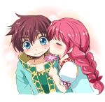  1girl asbel_lhant blue_eyes blush braid brown_hair cheek_kiss cheria_barnes child closed_eyes couple eyes_closed flower kiss kurimomo pink_hair ponytail tales_of_(series) tales_of_graces white_background young 