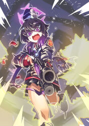  1girl akaimame ammunition bag blue_archive boots bright_pupils commentary_request fabarm_sdass firing garrison_cap gun halo haruka_(blue_archive) hat highres holding holding_gun holding_weapon long_hair long_sleeves looking_at_viewer muzzle_flash open_mouth pump_action purple_boots purple_hair purple_halo school_bag shirt shotgun shotgun_shell solo sweat violet_eyes weapon white_pupils 