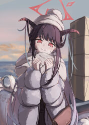  1girl absurdres bag beanie black_hair black_horns blue_archive box cardboard_box commentary_request demon_girl demon_horns fuuka_(blue_archive) gradient_hair grey_hat grey_scarf hair_on_horn halo handbag hat highres horns kogure0012 long_hair long_sleeves motor_vehicle multicolored_hair puffy_long_sleeves puffy_sleeves red_eyes red_halo scarf scooter sky smile solo winter 