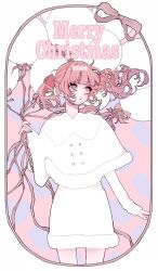  1girl 2024 balloon blunt_bangs capelet commentary cowboy_shot dress eyeshadow fall_in_love_you_false_angels floating_hair hashtag-only_commentary highres holding holding_balloon katsura_otogi long_sleeves looking_to_the_side makeup merry_christmas pink_eyes pink_eyeshadow pink_hair solo uzcoco_66 white_capelet white_dress 