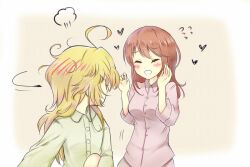  2girls ahoge annoyed arrow_(symbol) blonde_hair blush border breasts brown_hair buttons clenched_hand closed_eyes collared_shirt commentary_request facing_away flower flying_sweatdrops green_pajamas green_shirt hair_between_eyes hands_up heart huge_ahoge long_hair long_sleeves medium_breasts multiple_girls outside_border pajamas pink_flower pink_pajamas pink_shirt shirt sidelocks simple_background smile sparkle tanya_degurechaff teeth upper_body viktoriya_ivanovna_serebryakov wavy_hair white_border yellow_background youda_(seravichacha) youjo_senki 