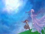  cloak cloud clouds dress dutch_angle field floating_hair grass hair_over_eyes hair_ribbon hat koakuma long_hair looking_up multiple_girls patchouli_knowledge red_hair redhead ribbon sky the_embodiment_of_scarlet_devil touhou v_arms wind yuina_(artist) 