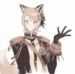  1girl absurdres animal_ear_fluff animal_ears black_gloves black_jacket blonde_hair chao_jiu_wan_shiyi_dian_ban chinese_commentary closed_mouth commentary_request epaulettes fox_ears fox_girl fox_tail gloves hand_up hasumi_leia highres jacket kemonomimi_mode long_sleeves looking_at_viewer mahou_shoujo_no_majo_saiban sash short_hair shoulder_sash simple_background smile solo tail upper_body white_background yellow_eyes 