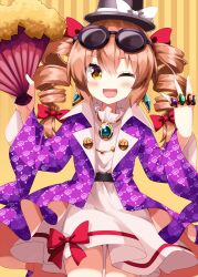  1girl ;d blush bow commentary_request cowboy_shot dress dress_bow drill_hair earrings eyewear_on_head hair_bow hand_fan hat hat_bow highres holding holding_fan jacket jewelry long_sleeves looking_at_viewer one_eye_closed open_clothes open_jacket open_mouth orange_eyes orange_hair purple_jacket red_bow ring round_eyewear ruu_(tksymkw) short_hair smile solo sunglasses top_hat touhou twin_drills white_dress yorigami_jo'on 
