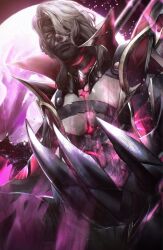 1boy armor bandage_on_face bandages clawed_gauntlets colored_skin commentary_request denpyu_shi energy full_moon gem genshin_impact glowing glowing_eyes grey_hair grey_skin hair_over_one_eye high_collar highres long_hair looking_at_viewer male_focus medium_hair moon night night_sky one_eye_covered pectorals red_eyes rerir_(genshin_impact) sky solo 