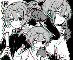  1boy absurdres arm_up bag bug butterfly butterfly_on_hand commentary_request double-parted_bangs greyscale griffon0416 hair_between_eyes heterochromia highres ladybug long_sleeves looking_at_viewer male_focus monochrome parted_lips puyopuyo short_hair sidelocks sig_(puyopuyo) solo translation_request 