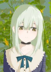  1girl absurdres aqua_bow aqua_bowtie bang_dream! bang_dream!_it's_mygo!!!!! blue_dress bow bowtie buttons closed_mouth dress fd_fu_dian frilled_shirt_collar frills green_hair highres looking_to_the_side solo upper_body wakaba_mutsumi yellow_eyes 