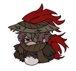  1boy bird_boy brown_hair brown_hat brown_scarf brown_wings chibi egg egg_laying feather_hair feathers hat heathcliff_(project_moon) heishou_pack-you_branch_(identity)_(project_moon) highres limbus_company nantekottawo!! project_moon red_feathers rooster_tail scarf simple_background solo white_background wings 
