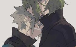  2boys black_gloves brown_hair cail_(pokemon) commentary_request from_side gloves green_hair hand_on_another's_shoulder hand_up ittumozzz male_focus multiple_boys open_mouth pokemon pokemon_colosseum short_hair sideways_glance wes_(pokemon) 