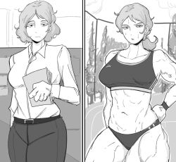  1girl belt cubicle folder looking_at_viewer muscular muscular_female office_lady original out_de pants ponytail running_track short_hair solo sweat sweatband tank_top veins veiny_arms 