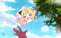  >_< 1girl :d animal_ears blonde_hair blue_sky blunt_bangs blush cat_ears cat_girl closed_eyes clouds commentary_request day gloves iyofika lowres open_mouth outdoors poring ragnarok_online ragnarok_origin red_gloves short_hair sky slime_(creature) smile solo tree xd 