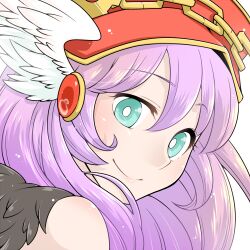  1girl blue_eyes bright_pupils chain closed_mouth commentary_request feathered_wings hat head_wings long_hair looking_at_viewer lowres oekakipikki portrait purple_hair ragnarok_online red_hat simple_background smile solo sorcerer_(ragnarok_online) white_background white_pupils wings 