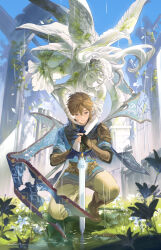  1boy absurdres angel_statue angel_wings armor blue_eyes boots brown_boots brown_hair chinese_commentary clip_studio_paint_(medium) commentary_request dated earrings fingerless_gloves flower gloves hand_on_hilt highres holding holding_sword holding_weapon jewelry lamblab0824 link on_one_knee outdoors pointy_ears princess_zelda ripples shoulder_armor signature statue sword the_legend_of_zelda the_legend_of_zelda:_breath_of_the_wild weapon white_flower wings 