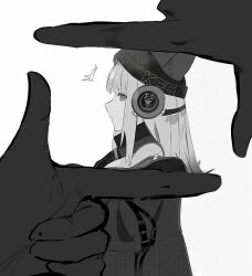  1girl ^^^ animal_ears arknights bare_shoulders behind-the-head_headphones chinese_commentary clothes_writing commentary_request cuo_cuo_yu_lian ears_through_headwear finger_frame from_side frostleaf_(arknights) gloves greyscale hat headphones jacket long_hair looking_at_viewer monochrome off_shoulder parted_lips pov pov_hands profile sidelocks 