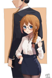  1boy 1girl baba_konomi back-to-back bespectacled black_jacket black_pants black_skirt blue_eyes blush braid brown_hair brown_pantyhose collared_shirt cowboy_shot dress_shirt glasses hair_over_shoulder height_difference highres holding idolmaster idolmaster_million_live! jacket long_hair long_sleeves myeolchi office_lady pants pantyhose pencil_skirt producer_(idolmaster) round_eyewear shirt single_braid skirt standing suit suit_jacket two_side_up white_shirt 