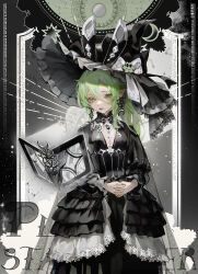  1girl animal_ear_headwear animal_ears black_border black_cape black_capelet black_dress book border bow breasts cape capelet chinese_commentary cleavage_cutout closed_mouth clothing_cutout cowboy_shot crescent crescent_earrings dress dywx_poison earrings floating floating_book floating_object frilled_dress frilled_hat frilled_sleeves frills frog_hat_ornament goth_fashion green_eyes green_hair grey_background grey_lips hair_between_eyes hat hat_bow hat_ornament hexagram highres interlocked_fingers jewelry key key_necklace lace-trimmed_dress lace_trim layered_dress lipstick long_hair long_hair_between_eyes long_sleeves looking_at_viewer loosely_tucked_bangs makeup mismatched_earrings necklace open_book original outside_border own_hands_together pointy_ears rabbit_ears see-through_cape see-through_clothes silver_necklace small_breasts solo standing star_(symbol) star_earrings star_of_david sun_earrings white_bow witch_hat 