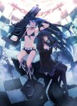  absurdres belt bikini_top black_rock_shooter black_rock_shooter_(character) boots checkered dead_master highres midriff multiple_girls nayu salute scar short_shorts shorts sitting tongue twintails 