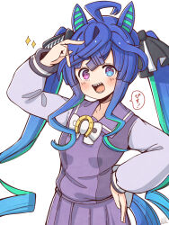 1girl :d @_@ ahoge animal_ears arm_up blue_eyes blue_hair blush bow bowtie commentary_request cowboy_shot heterochromia highres horse_ears horse_girl horse_tail long_hair long_sleeves looking_at_viewer open_mouth pleated_skirt purple_sailor_collar purple_shirt purple_skirt rakugakiraid sailor_collar school_uniform serafuku sharp_teeth shirt simple_background skirt smile solo sparkle tail teeth tracen_school_uniform twin_turbo_(umamusume) twintails umamusume violet_eyes white_background white_bow white_bowtie winter_uniform 