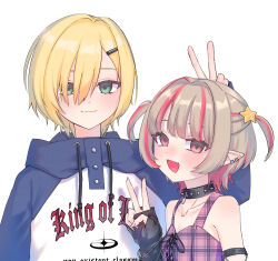  1boy 1girl absurdres arm_strap bare_shoulders black_arm_warmers black_collar blonde_hair blue_hood blue_sleeves blunt_bangs blush breasts chain chain_bracelet closed_mouth clothes_writing collar collarbone colored_inner_hair crop_top cross-laced_clothes cross-laced_top drawstring earclip fangs from_side green_eyes grey_hair hair_intakes hair_ornament hair_over_one_eye hairclip highres hood hood_down hoodie krtc_mgk long_sleeves looking_at_viewer makaino_ririmu makaino_ririmu_(6th_costume) multicolored_hair nijisanji no_headwear no_jacket o-ring_collar open_mouth pink_hair pink_streaks plaid_clothes pointy_ears print_hoodie raglan_sleeves red_eyes short_hair side-by-side simple_background sleeveless sleeves_past_wrists small_breasts smile spiked_collar spikes standing star_(symbol) star_hair_ornament straight-on streaked_hair two-tone_hair two_side_up upper_body uzuki_kou uzuki_kou_(5th_costume) v virtual_youtuber white_background white_hoodie wolf_cut 