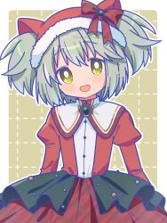  1girl :d absurdres artist_name blush border bow bright_pupils brown_background chitose_yuma commentary cowboy_shot dot_nose dress fur-trimmed_headwear fur_trim green_eyes green_hair grid_background hat hat_bow highres juliet_sleeves long_sleeves looking_at_viewer mahou_shoujo_madoka_magica mahou_shoujo_oriko_magica open_mouth outline outside_border puffy_sleeves red_bow red_dress ruru_(rurumagi) santa_hat short_hair short_twintails smile solo twintails white_border white_outline white_pupils 