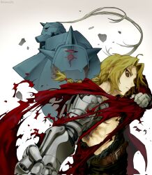  2boys ahoge alphonse_elric armor belt blonde_hair braid brothers brown_belt brown_eyes chlorine17x clenched_hand closed_mouth coat edward_elric full_armor fullmetal_alchemist gloves gradient_background hashtag-only_commentary helm helmet highres horns long_hair mechanical_arms multiple_boys parted_bangs plate_armor plume red_coat shoulder_spikes siblings simple_background single_braid single_horn single_mechanical_arm spikes torn_clothes twitter_username upper_body white_gloves 