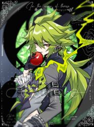  1210534020 1boy alternate_costume aotu_world apple arm_belt ascot belt black_ascot black_belt black_gloves black_horns black_wings blurry chinese_commentary clothing_cutout commission demon_boy demon_horns demon_wings earrings eating english_text fire flower food frilled_sleeves frills from_side fruit gloves green_fire green_hair grey_jacket grey_shirt hair_between_eyes halloween_costume hand_on_own_hip hand_up highres holding holding_food holding_fruit horns jacket jewelry long_hair long_sleeves looking_at_viewer low_ponytail male_focus multicolored_eyes pointy_ears ponytail red_eyes sample_watermark shirt sidelocks smile solo watermark wings xander_(aotu_world) yellow_eyes 