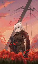  1girl absurdres an-94 an-94_(girls'_frontline) assault_rifle blue_eyes brown_gloves clouds commentary field flower flower_field girls_frontline gloves grey_hair gun hair_intakes highres holding holding_gun holding_weapon in-universe_location long_hair looking_at_viewer lord-erica military_uniform orange_sky outdoors patch poppy_(flower) red_flower rifle russian_commentary shoulder_patch sky solo stalker_(game) stalker_2:_heart_of_chornobyl trigger_discipline upper_body utility_pole weapon 