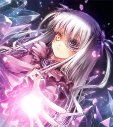  1girl barasuishou blush commentary_request crystal flower flower_eyepatch frilled_shirt frills grey_hair hair_flower hair_ornament lolita_fashion long_hair long_sleeves misaki_(kyal_001) purple_flower purple_rose purple_shirt rose rozen_maiden shaded_face shirt solo two_side_up upper_body yellow_eyes 