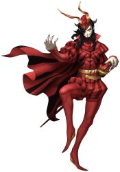  1boy absurdres belt black_hair black_sclera cape colored_sclera colored_skin demon_(megami_tensei) doi_masayuki facial_mark fang fang_out fingernails hair_over_one_eye highres jester long_hair male_focus mephisto_(megami_tensei) official_art pointy_shoes rapier scabbard sharp_fingernails sheath shin_megami_tensei shin_megami_tensei_iv_final shoes smirk solo standing standing_on_one_leg sword third-party_source transparent_background violet_eyes weapon white_skin 