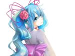 blue_eyes close hatsune_miku japanese_clothes looking_back obi ribbon smile twintails vocaloid wavy_hair white 