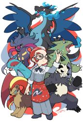  1boy apron arm_up black_bow black_bowtie black_shoes blue_fire bow bowtie charizard claws clenched_hands clenched_teeth closed_mouth commentary_request fire glasses grey_jacket grey_pants grisham_(pokemon) highres jacket jewelry kokodari long_sleeves malamar male_focus mega_charizard_x mega_pokemon multicolored_hair open_mouth pants pokemon pokemon_(creature) pokemon_legends:_z-a ponytail pyroar pyroar_(female) red_apron red_eyes red_hair ring salamence sharp_teeth shoes signature simple_background sleeve_cuffs smile standing teeth tyranitar white-framed_eyewear white_background white_hair wings 