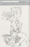  concept_art highres last_exile monochrome murata_renji sketch solo stuffed_animal stuffed_toy wind 