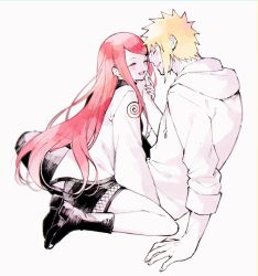  1boy 1girl black_boots black_pants black_shorts blonde_hair blush boots breasts closed_eyes couple fishnet_shorts full_body hair_between_eyes hair_ornament hairclip hand_on_another's_chin hetero highres holding_hands hood hood_down hoodie jacket laughing long_hair medium_breasts namikaze_minato naruto_(series) open-toe_boots open_mouth pants parted_lips red_hair short_hair shorts smile straight_hair swept_bangs ting uzumaki_kushina white_background white_hoodie white_jacket 