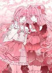  +_+ 2girls absurdres artist_request bare_shoulders belt black_belt black_bow black_choker black_gloves black_ribbon bow bright_pupils brown_eyes buttons center_frills chinese_commentary choker collarbone commentary_request cowboy_shot double_bun dress dual_persona flower-shaped_pupils frilled_choker frilled_dress frilled_shirt frilled_skirt frilled_sleeves frilled_thigh_strap frills gloves gown hair_bobbles hair_bow hair_bun hair_intakes hair_ornament hair_ribbon happy highres infinity_nikki jewelry layered_skirt light_particles long_dress long_hair long_sidelocks long_sleeves looking_at_viewer low_twintails miniskirt multiple_girls necklace nikki_(nikki) nikki_(series) off-shoulder_shirt off_shoulder outline perfect_start_(infinity_nikki) pink_background pink_choker pink_hair pink_ribbon pink_skirt pleated_skirt pointing pointing_up puffy_long_sleeves puffy_sleeves red_bow red_dress ribbon ring second-party_source shirt sidelocks skirt sleeve_bow sleeves_past_wrists sparkle sparkling_eyes standing symbol-shaped_pupils thigh_strap threads_of_reunion_(infinity_nikki) tress_ribbon twintails very_long_hair wavy_hair white_outline white_pupils white_ribbon white_shirt white_skirt 
