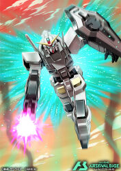  0_gundam amasaki_yusuke beam_gun card_(medium) copyright_logo copyright_name copyright_notice energy_gun glowing glowing_eyes gn_drive gundam gundam_00 gundam_arsenal_base logo mecha mecha_focus mobile_suit no_humans official_art robot v-fin weapon 