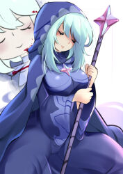  1girl absurdres alternate_breast_size_(larger) animahakim blessing_of_the_welkin_moon blood blood_on_face blood_splatter blue_cloak blue_dress blue_hair blush breasts cloak closed_mouth dress english_commentary genshin_impact glint hair_between_eyes head_tilt highres holding holding_staff hood hood_up hooded_cloak huge_breasts light_smile long_sleeves pink_lips primogem short_hair sitting skin_tight solo spread_legs staff swept_bangs thick_lips thick_thighs thighs upper_body wariza wide_sleeves 