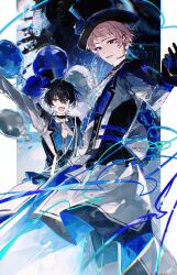  2boys :d absurdres ascot balloon bead_necklace beads bishounen black_gloves black_hair black_hat blue_eyes blue_ribbon blue_theme buqiyong chinese_commentary choppy_bangs commentary_request costume_request earpiece ensemble_stars! fang flower frilled_sleeves frills gem gloves hair_between_eyes hat hat_flower heterochromia highres itsuki_shu jacket jewelry kagehira_mika lapels looking_at_viewer male_focus microphone multiple_boys necklace notched_lapels open_mouth pillarboxed pink_eyes pink_hair red_gemstone ribbon short_hair smile streamers tailcoat top_hat valkyrie_(ensemble_stars!) very_short_hair white_ascot white_jacket yellow_eyes 