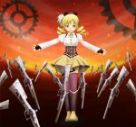  beret blonde_hair boots corset detached_sleeves dress drill_hair fate/stay_night fate_(series) field_of_blades fingerless_gloves fuuma_nagi gears gloves gun hair_ornament hairpin hat kazemanagi long_hair magical_girl magical_musket mahou_shoujo_madoka_magica orange_background parody pleated_skirt puffy_sleeves rifle skirt solo thigh-highs thighhighs tomoe_mami twin_drills twintails unlimited_blade_works vertical-striped_legwear vertical_stripes weapon yellow_dress yellow_eyes zettai_ryouiki 