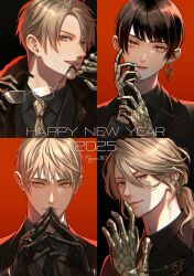  2025 4boys absurdres ahoge america_(hetalia) artist_name axis_powers_hetalia black_background black_gloves black_hair black_jacket black_necktie black_suit blonde_hair blue_eyes closed_mouth collared_shirt earrings english_commentary english_text facial_hair formal_clothes france_(hetalia) fur-trimmed_jacket fur_trim gloves green_eyes grey_shirt grey_vest hair_between_eyes hand_up hands_up happy_new_year highres holding holding_removed_eyewear jacket japan_(hetalia) jewelry lapels leather leather_gloves lips long_hair long_sleeves looking_at_viewer low_ponytail male_focus multiple_boys necktie npyon open_clothes open_jacket open_mouth orange_eyes own_hands_together ponytail red_background ring shirt short_hair simple_background single_earring smile snake_earrings suit suit_jacket teeth united_kingdom_(hetalia) unworn_eyewear upper_body vest violet_eyes yellow_gloves yellow_necktie 