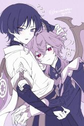  2boys ? ?? arm_at_side arms_around_waist belt black_bodysuit black_bridal_gauntlets black_coat black_horns black_sleeves blunt_ends bodysuit bow bridal_gauntlets bright_pupils cheroi chest_jewel closed_mouth coat crossed_bangs diamond-shaped_pupils diamond_(shape) dragon_boy dragon_horns dragon_wings eyeliner eyeshadow facial_mark fingernails forehead_mark furisode genshin_impact gloves grey_sleeves hair_between_eyes hakama hakama_shorts hand_in_another's_hair happy heart heart-shaped_gem highres horns hug japanese_clothes kimono layered_sleeves long_sleeves looking_at_viewer makeup mandarin_collar middle_ring mini_durin_(genshin_impact) mini_durin_(human)_(genshin_impact) multiple_boys muted_color open_mouth pink_background pink_wings purple_hair red_eyeliner red_eyes red_eyeshadow rope scaramouche_(genshin_impact) short_sleeves shorts smile spoken_heart sweatdrop symbol-shaped_pupils tsurime twitter_username violet_eyes wanderer_(genshin_impact) white_gloves white_kimono white_pupils wings 