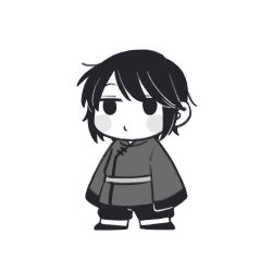  1boy axis_powers_hetalia baggy_pants belt blush_stickers chibi chibi_only chinese_clothes closed_mouth full_body greyscale hair_between_eyes half-closed_eyes highres hong_kong_(hetalia) long_sleeves looking_afar male_focus mi_aph_to monochrome pants shirt shoes short_hair simple_background solo standing wide_sleeves 
