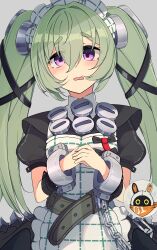  1girl absurdres apron bangboo_(zenless_zone_zero) black_dress breasts chain commentary_request corin_wickes cowboy_shot cuffs dress eous_(zenless_zone_zero) green_hair grey_background hair_between_eyes highres long_hair looking_at_viewer maid maid_apron maid_headdress mountain_yasan open_mouth puffy_short_sleeves puffy_sleeves screw_hair_ornament short_sleeves simple_background spoken_character twintails violet_eyes zenless_zone_zero 