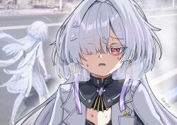  1girl absurdres artist_name breath colored_eyelashes commentary earrings exhaust eyes_visible_through_hair flareza game_screenshot_background grey_hair hair_over_one_eye highres jacket jewelry long_hair mornye_(wuthering_waves) red_eyes screenshot_background solo sweat triangle_earrings upper_body white_jacket wuthering_waves 