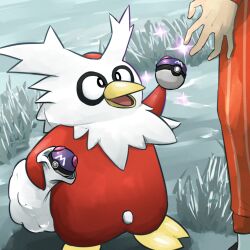  1other absurdres beak delibird highres holding holding_poke_ball master_ball open_mouth orange_pants pants poke_ball pokemon pokemon_(creature) sparkle spicyichizo striped_clothes striped_pants 
