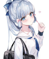  1girl absurdres aqua_eyes aqua_hair bag blue_necktie blush closed_mouth collarbone commentary_request genshin_impact hair_ribbon highres kamisato_ayaka kamisato_ayaka_(heytea) long_sleeves looking_at_viewer necktie official_alternate_costume official_alternate_hairstyle pink_ribbon ponytail ribbon sailor_collar school_uniform serafuku shoulder_bag sidelocks simple_background smile solo sonna_banana upper_body white_background white_sailor_collar 